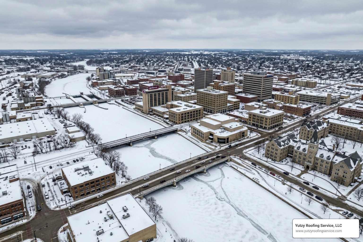 Appleton skyline in winter with snow-covered commercial rooftops - commercial epdm repair appleton
