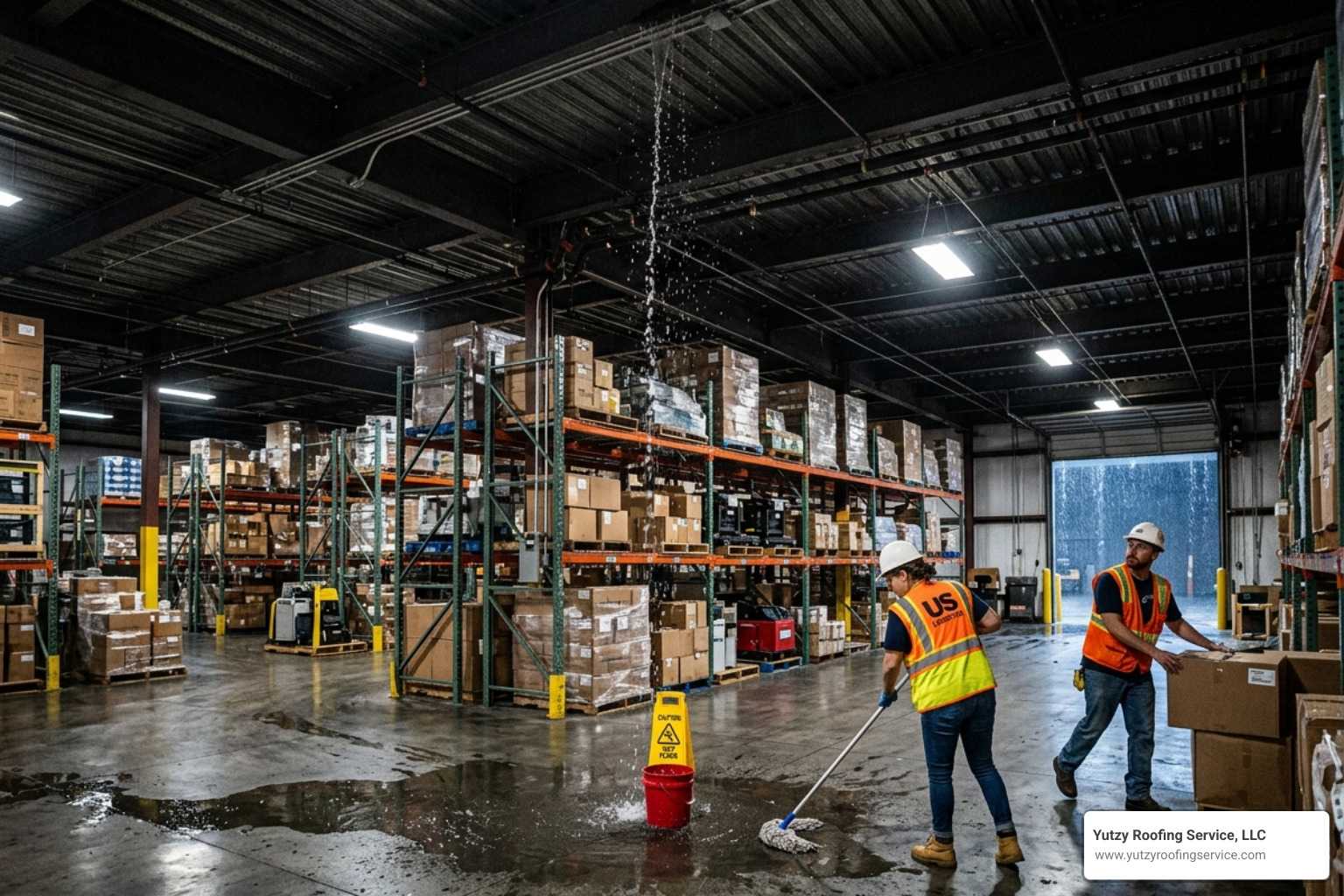 active leak in a commercial warehouse during storm - emergency roof repair