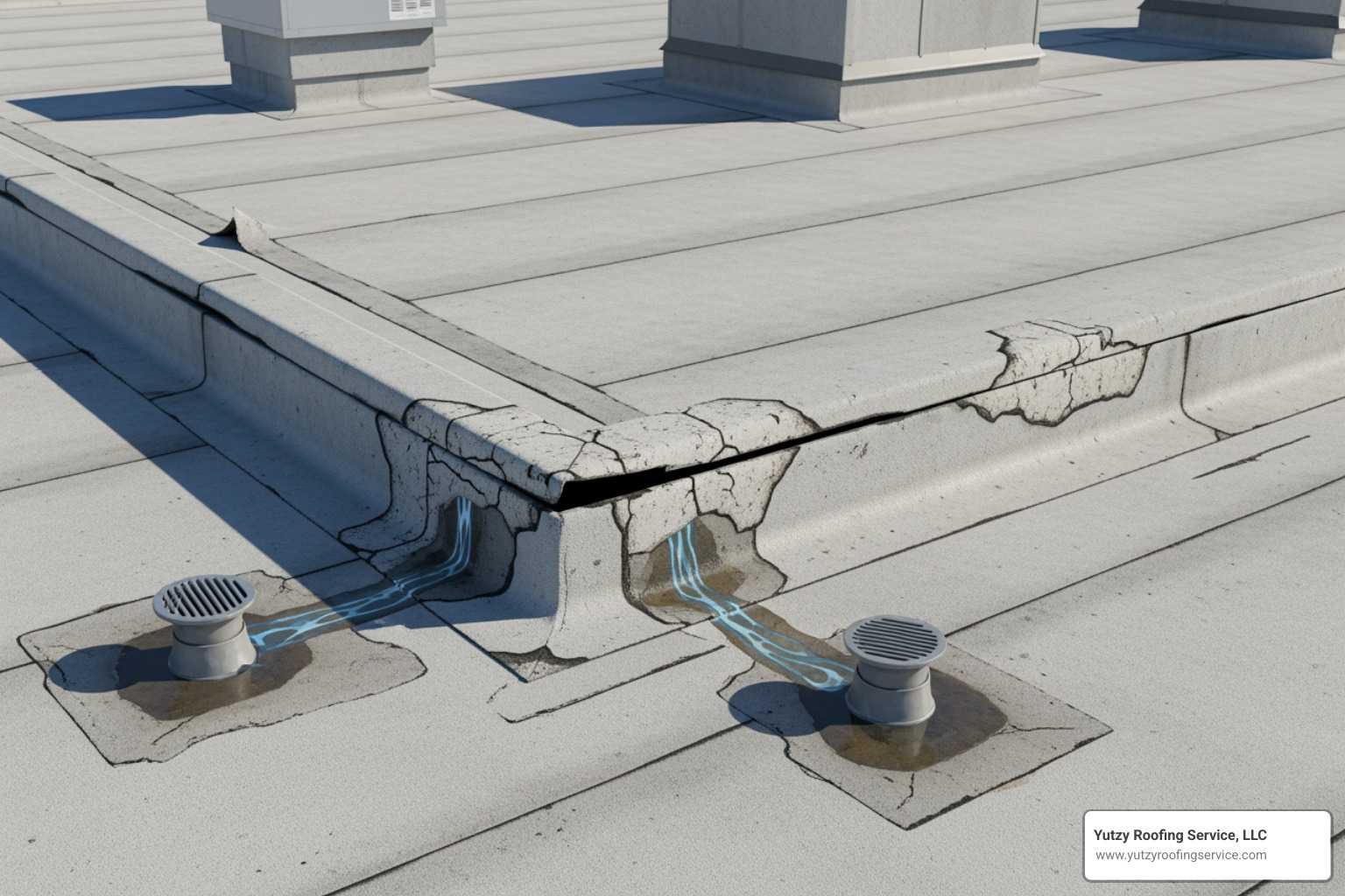Illustration of common flat roof failure points including seams, curbs, and drains