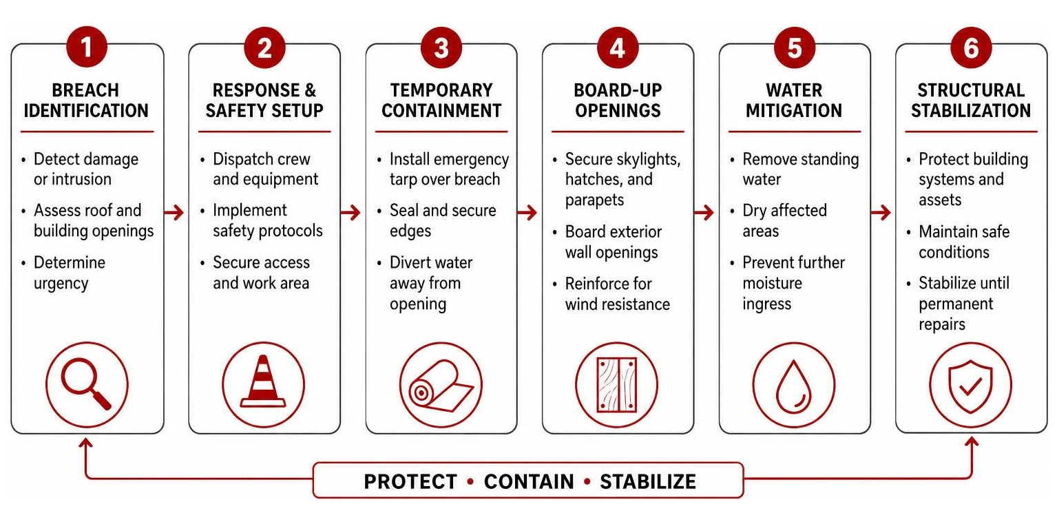 Diagram showing emergency tarping flow from breach identification to structural stabilization