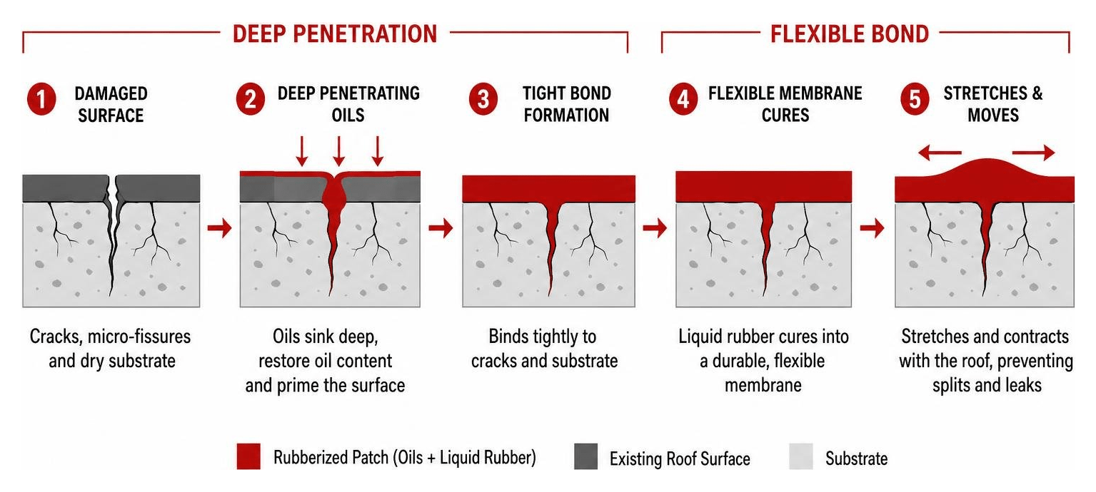 diagram of rubberized patch deep penetration and flexible bond