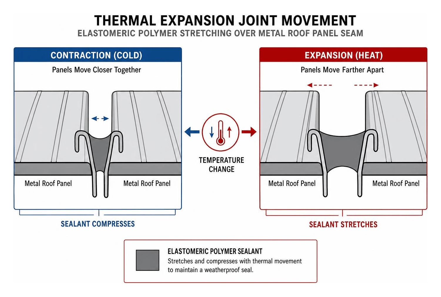 diagram showing thermal expansion joint movement and elastomeric polymer stretching over metal roof panel seam