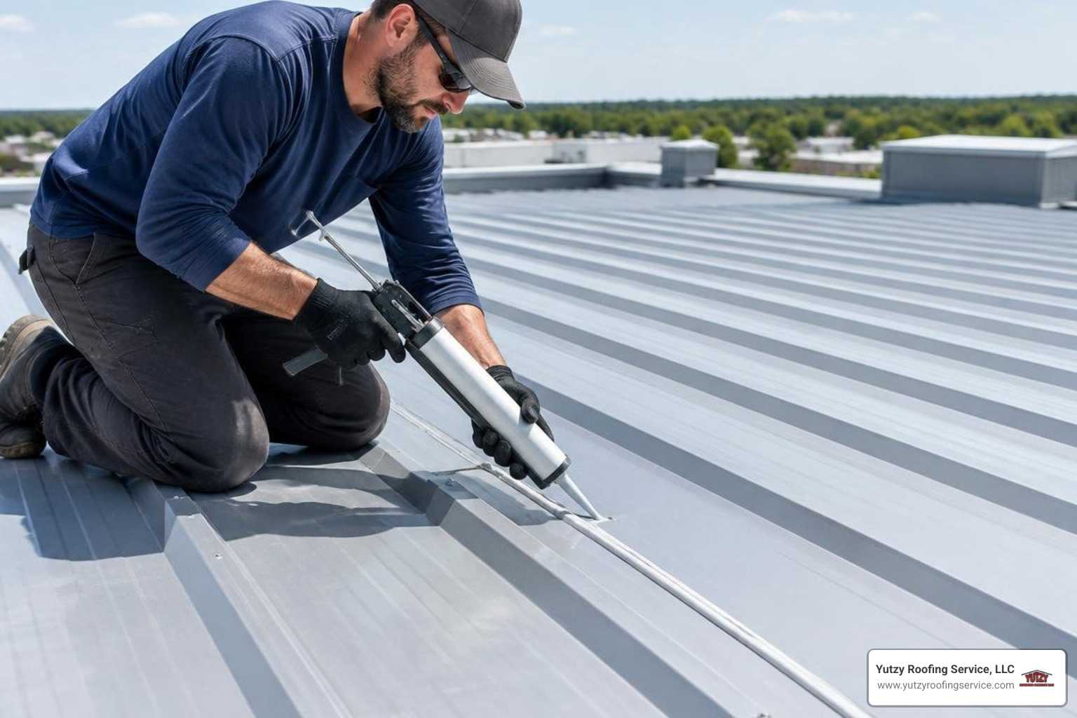 Sealant being applied to a seam on an existing commercial metal roof